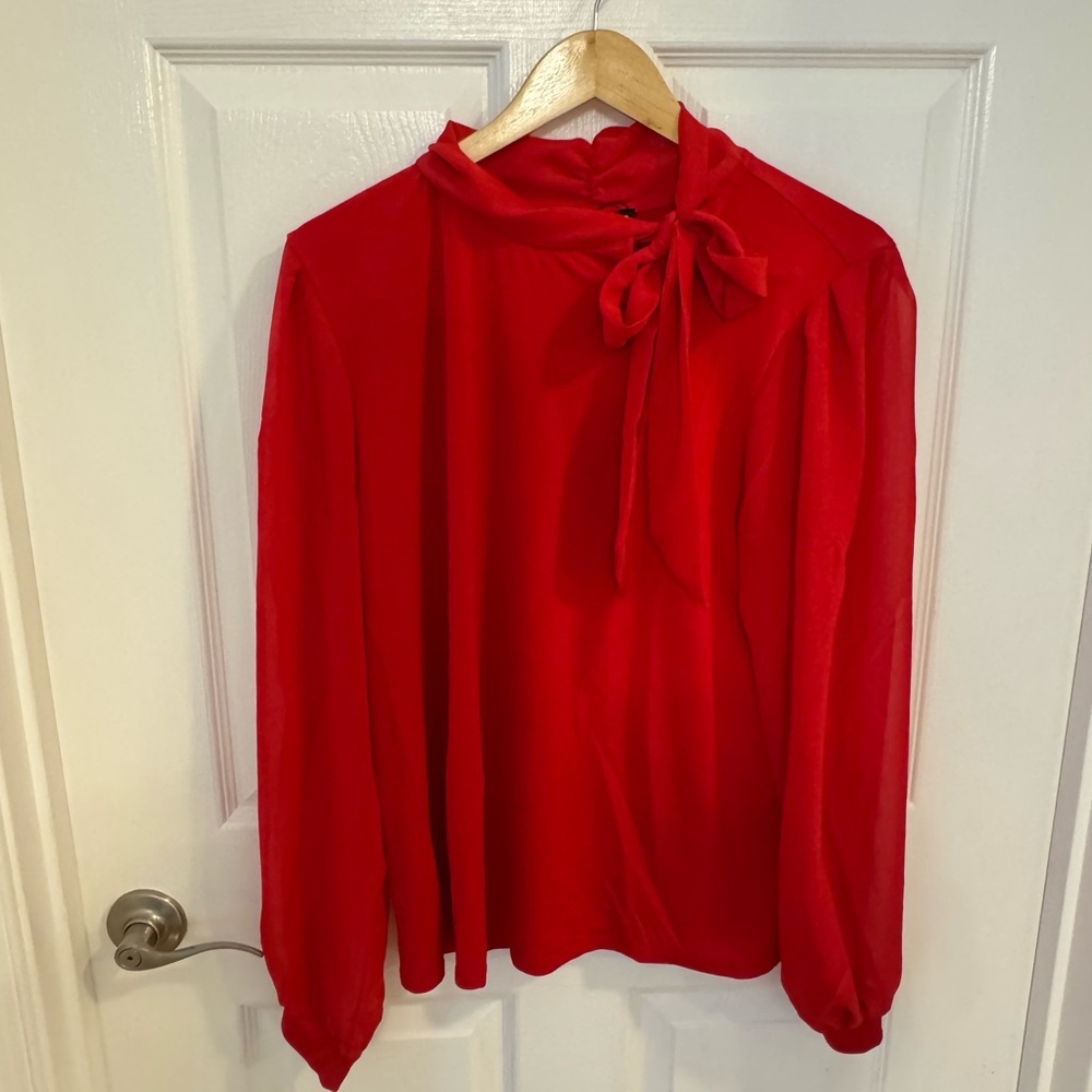 Cable & Gauge Red Tie-Neck Long-Sleeve Blouse